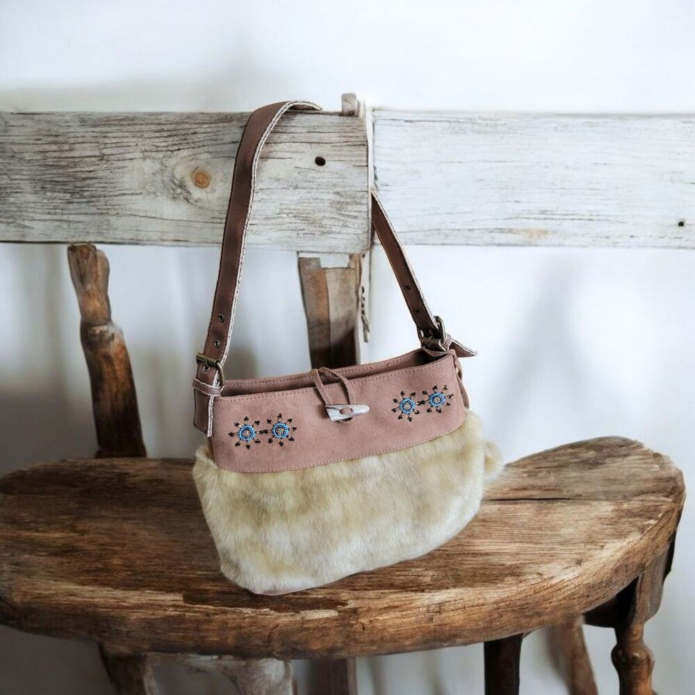 Y2k Vegan Suede and Fur Tan Boho Bag Phoebe Friends Style